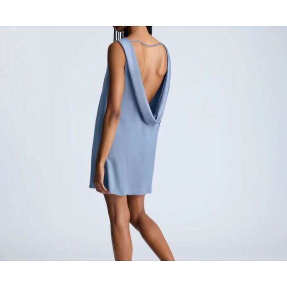 NEW Kenneth Cole NWT Blue Satin Shift Dress Size 14 Sleeveless Draped Back - Picture 2 of 6